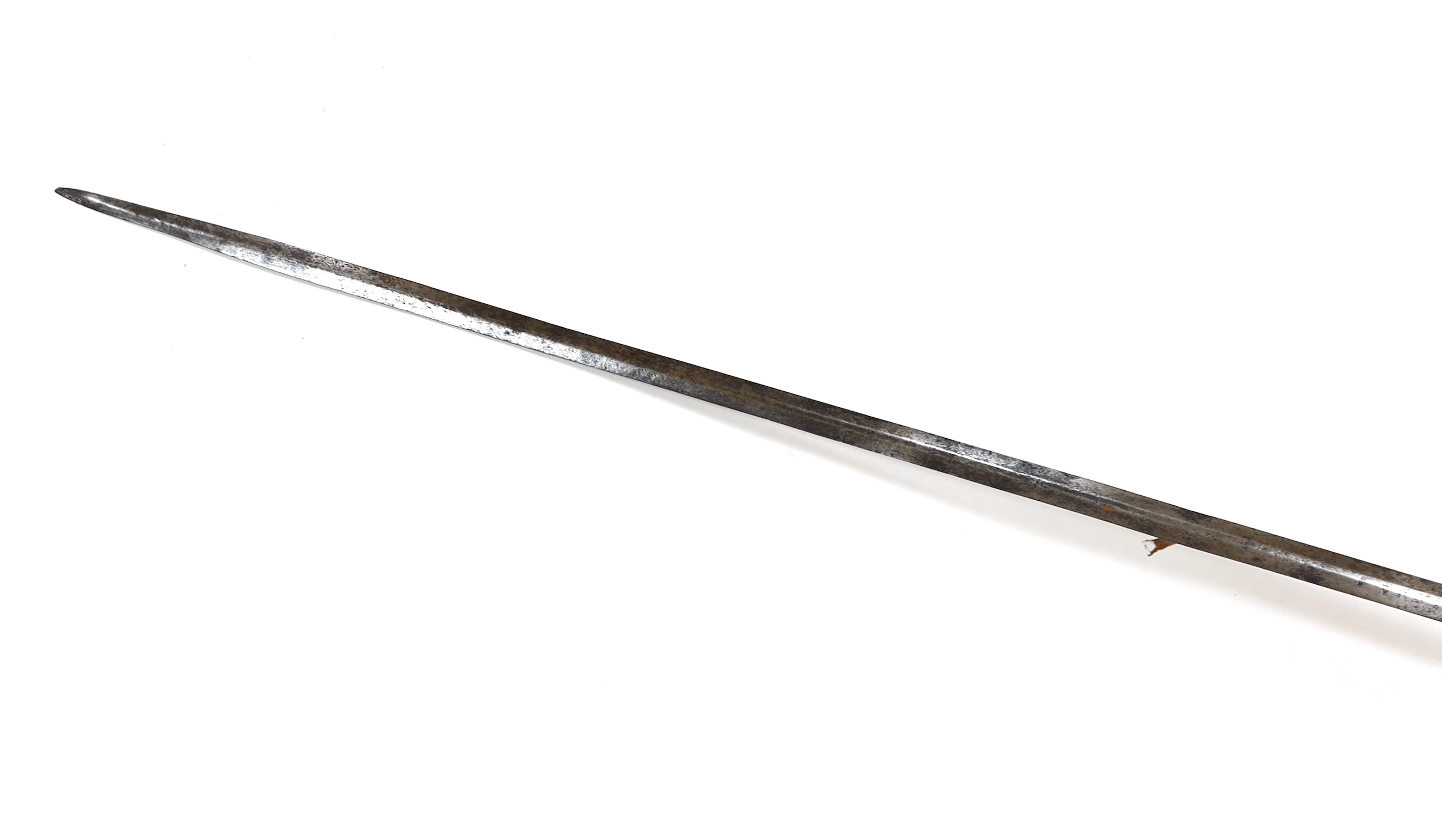 A swept hilt rapier, c.1620, blade fullered at the forte, iron guard of conventional form with later pommel and wooden grip, blade 113cm